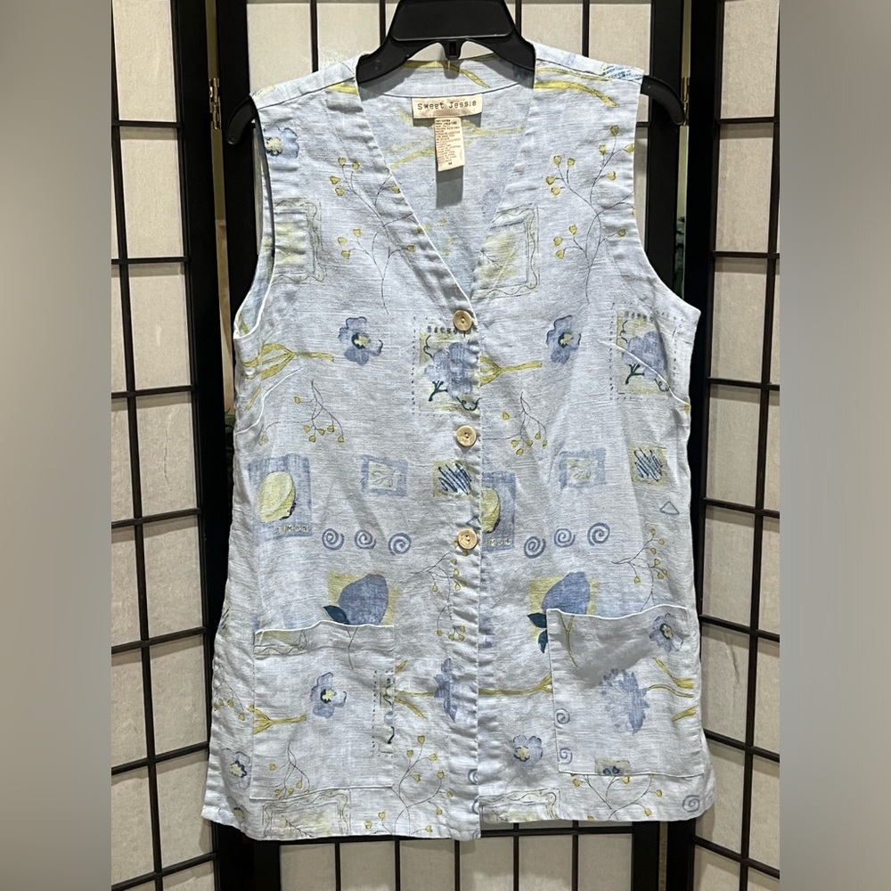 SWEET JESSIE Light Blue VINTAGE Floral Button-Front Linen Vest WOMEN SIZE M